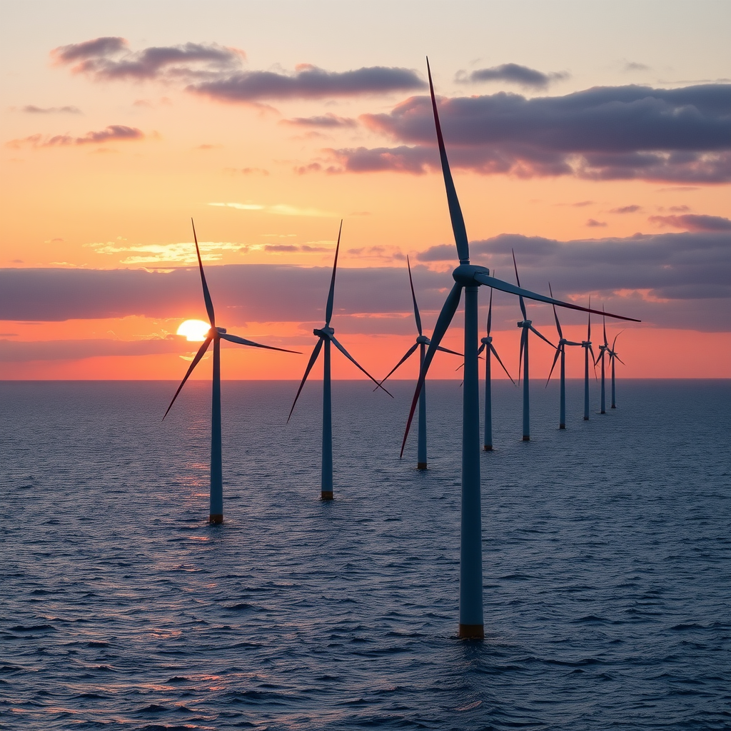 Modernūs vėjo generatoriai jūroje prie Lietuvos krantų saulėlydžio metu, rodantys Ignitis grupės investicijas į jūrų vėjo energetiką